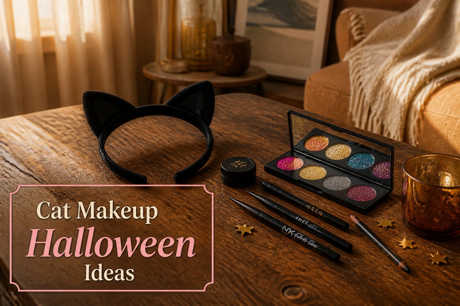 An array of cat makeup ideas displayed with various colorful designs.