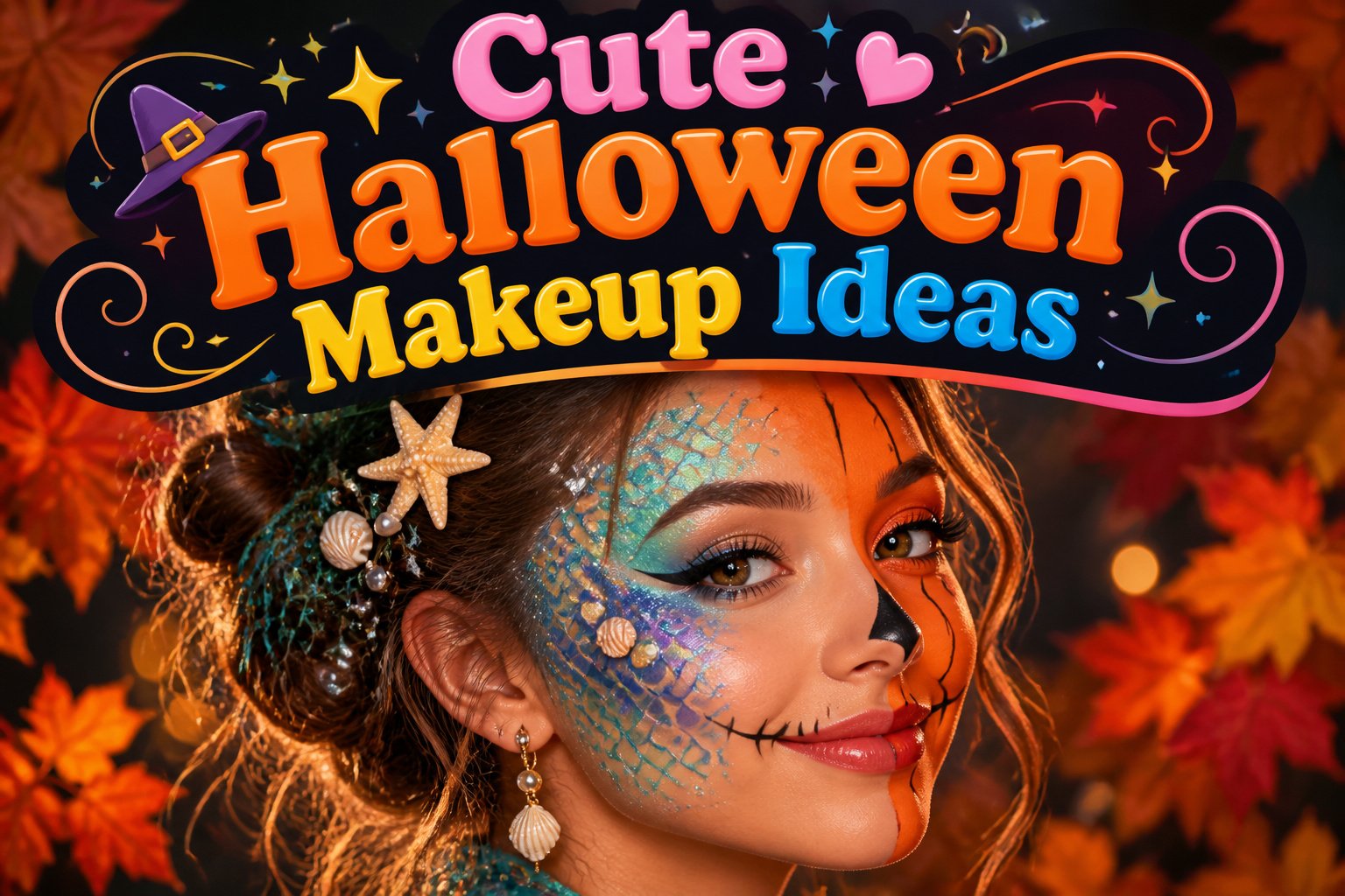 A collage of various cute Halloween makeup looks.