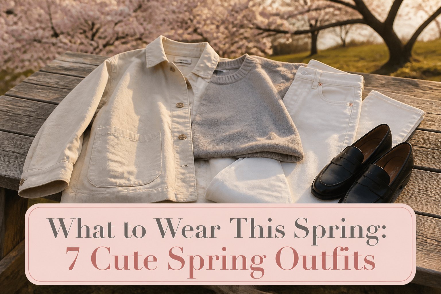 Various spring outfits displayed on a neutral background.
