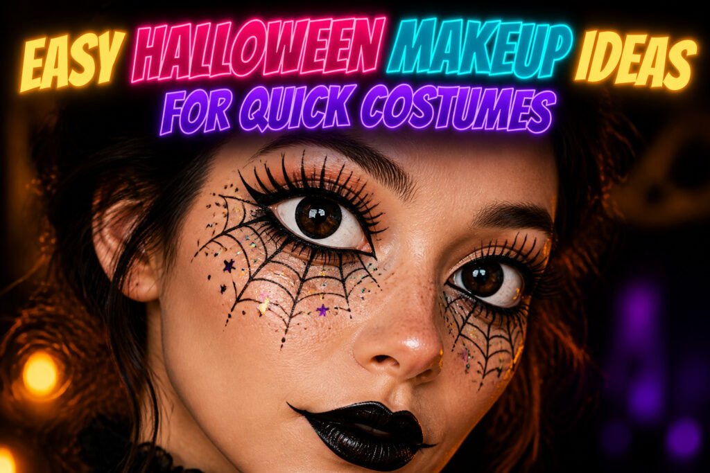 Various Halloween makeup looks with vibrant colors and creative designs.