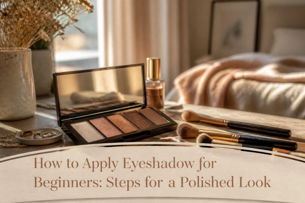 Model wearing polished eyeshadow look with finished makeup.