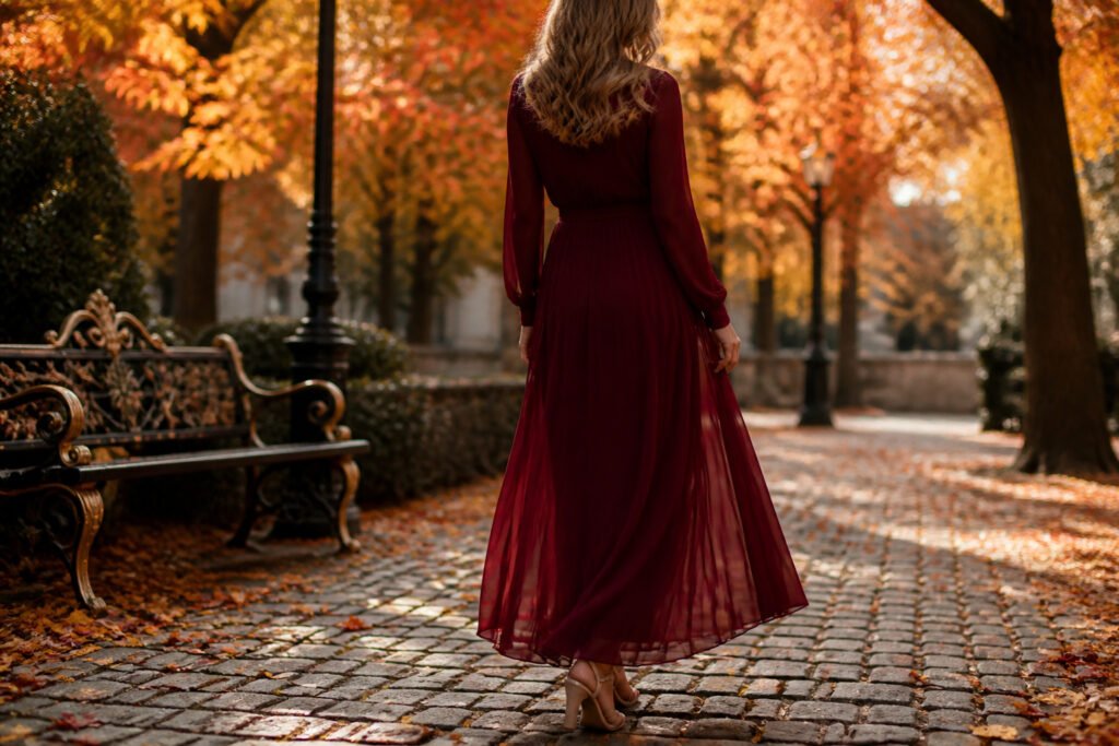 Various fall wedding guest outfits displayed in deep colors and elegant styles.