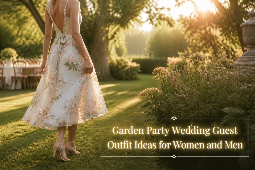 A collection of garden party wedding guest outfits for men and women.