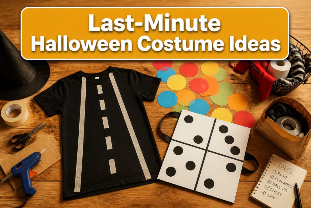Various last-minute Halloween costumes displayed on a table.
