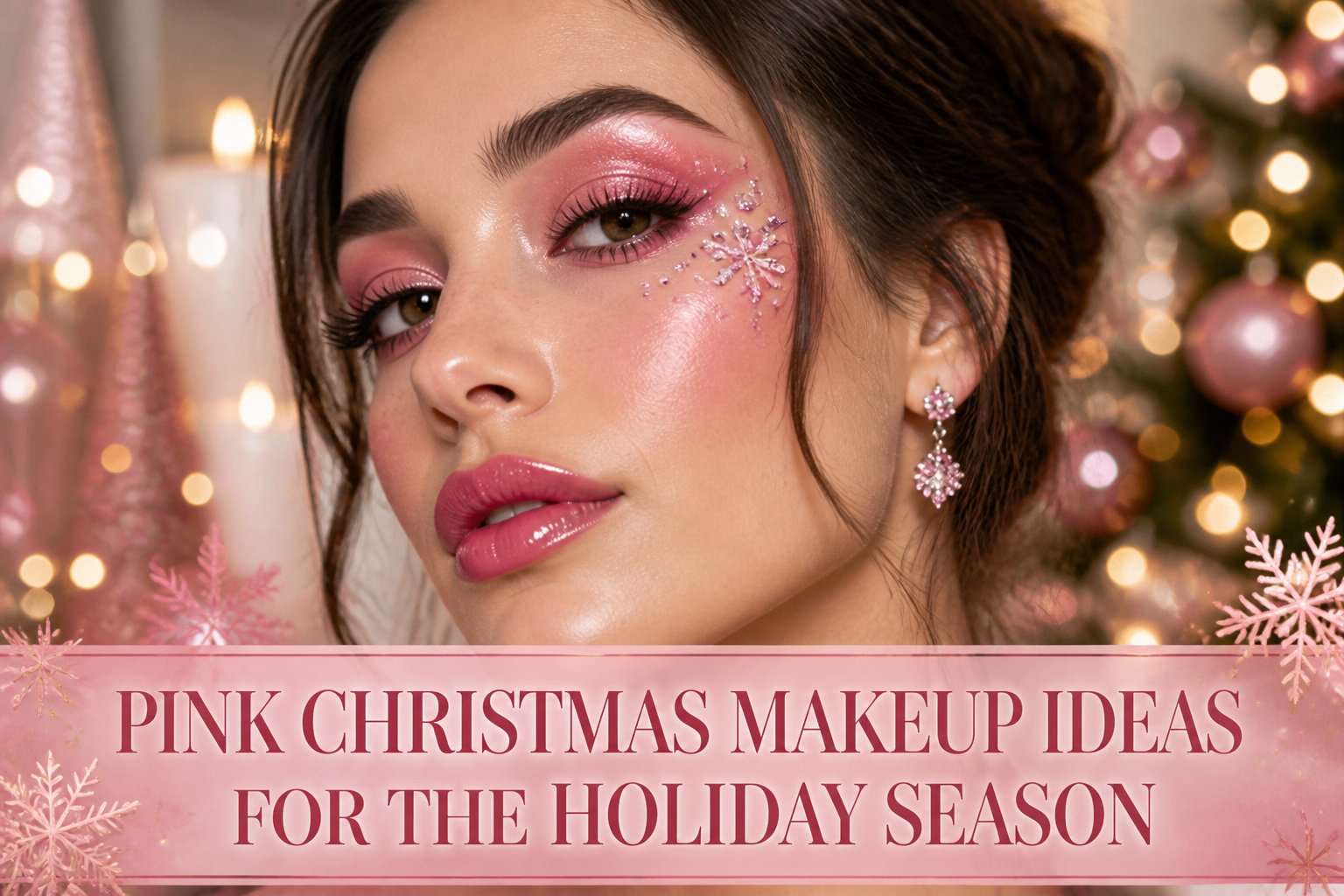 Various pink Christmas makeup looks displayed together.