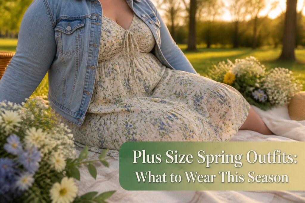 A model in a colorful spring outfit surrounded by flowers.