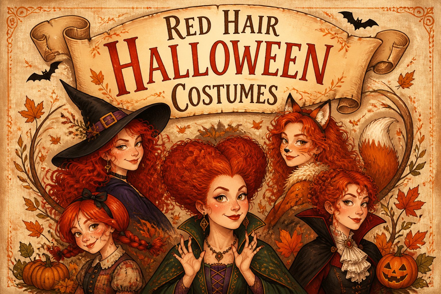 Various red hair Halloween costumes displayed together.
