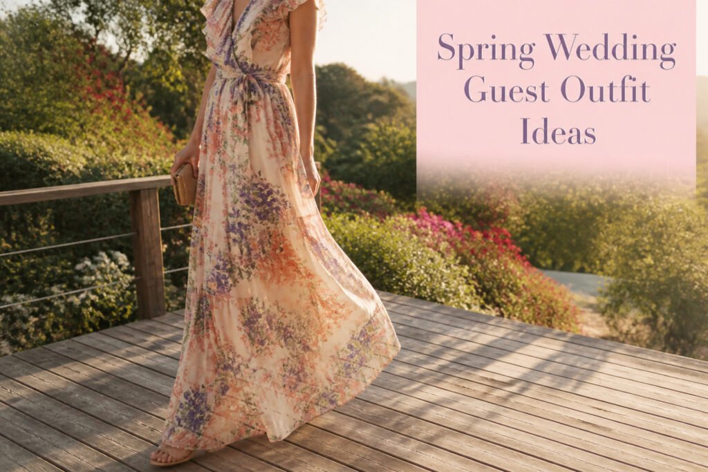 Collage of spring wedding guest outfits including dresses and accessories.