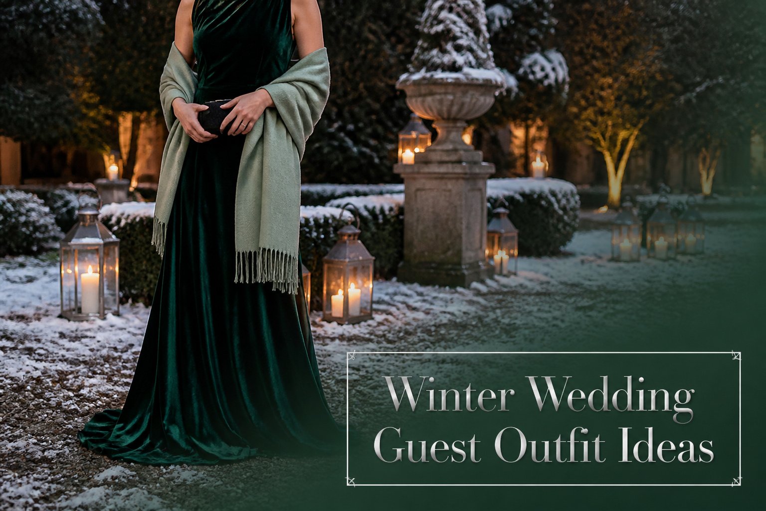 Various winter wedding guest outfits displayed in elegant fabrics and colors.